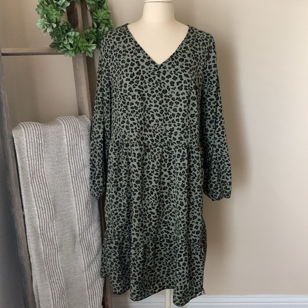 SHEIN long sleeve Olive green cheetah print dress